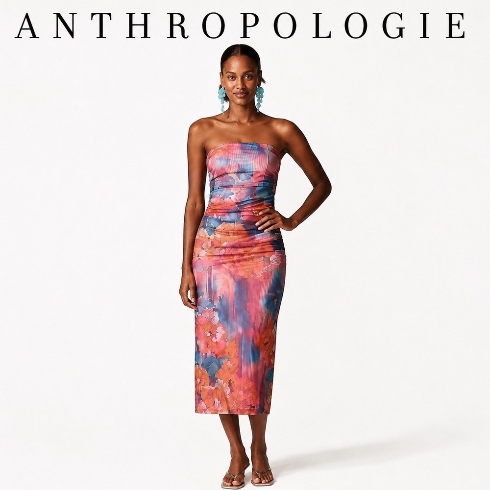 Anthropologie Strapless Floral Mesh Midi Dress Bodycon Pink Blue Print XL